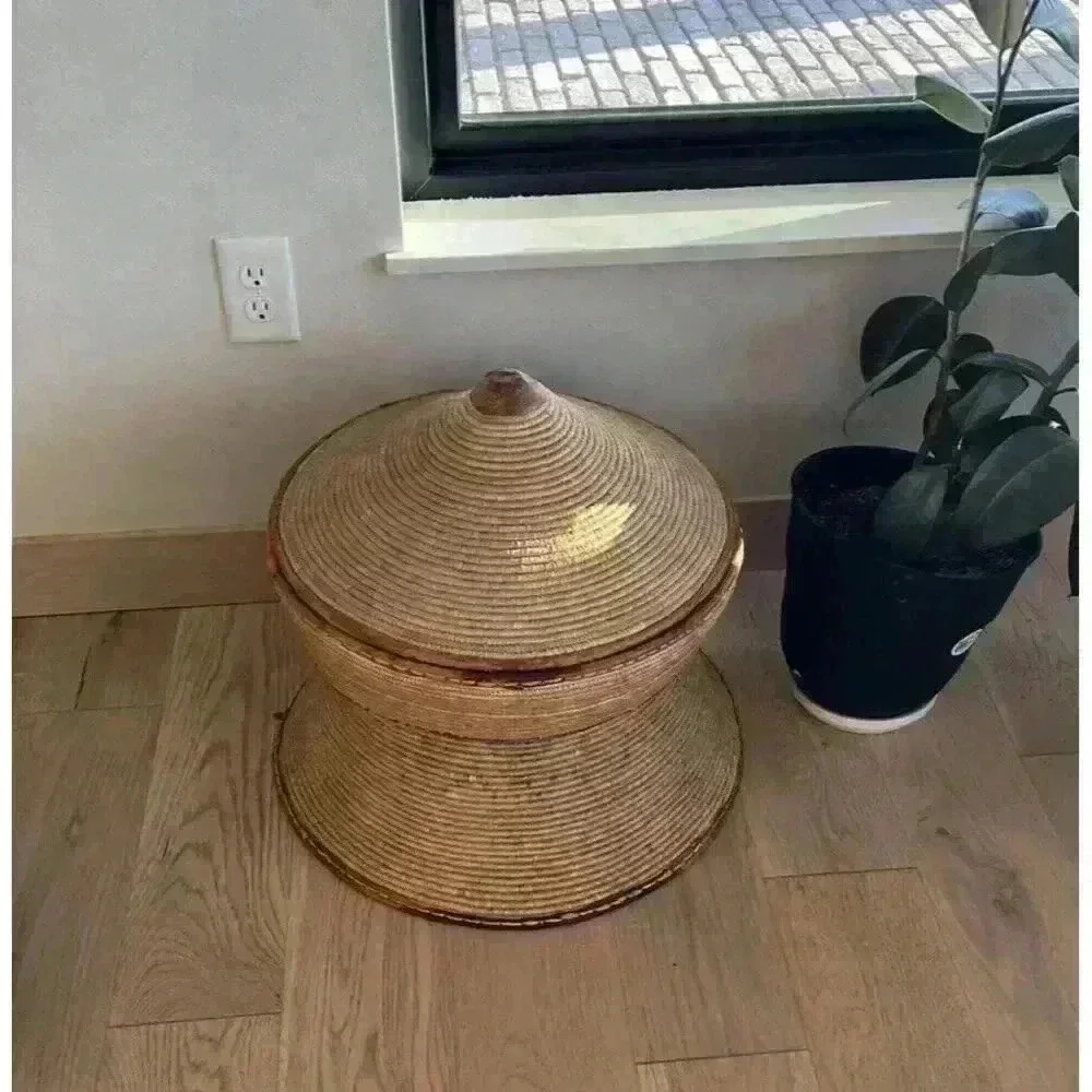 Antique Large woven basket With Lid Reversible Pointed Coil Cone Leather Piping